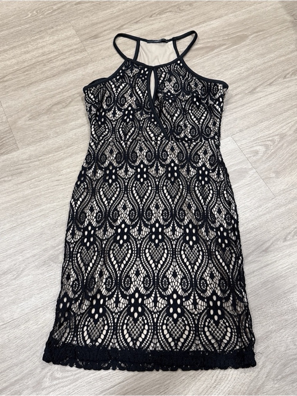 Papaya Black Lace Overlay Mini Dress with Nude Lining